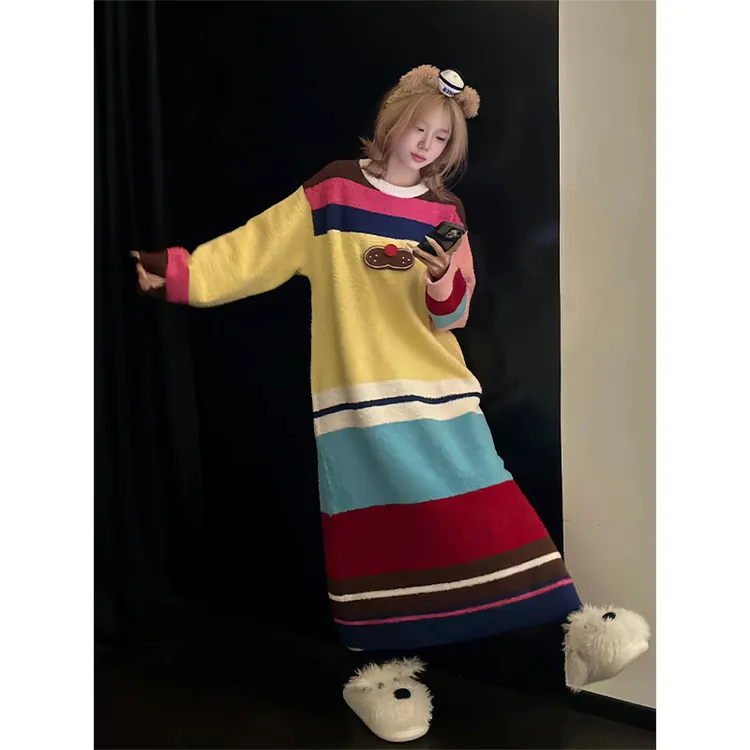 少女可爱酷猫条纹针织半边绒睡裙女秋冬新款家居服加绒加厚连衣裙