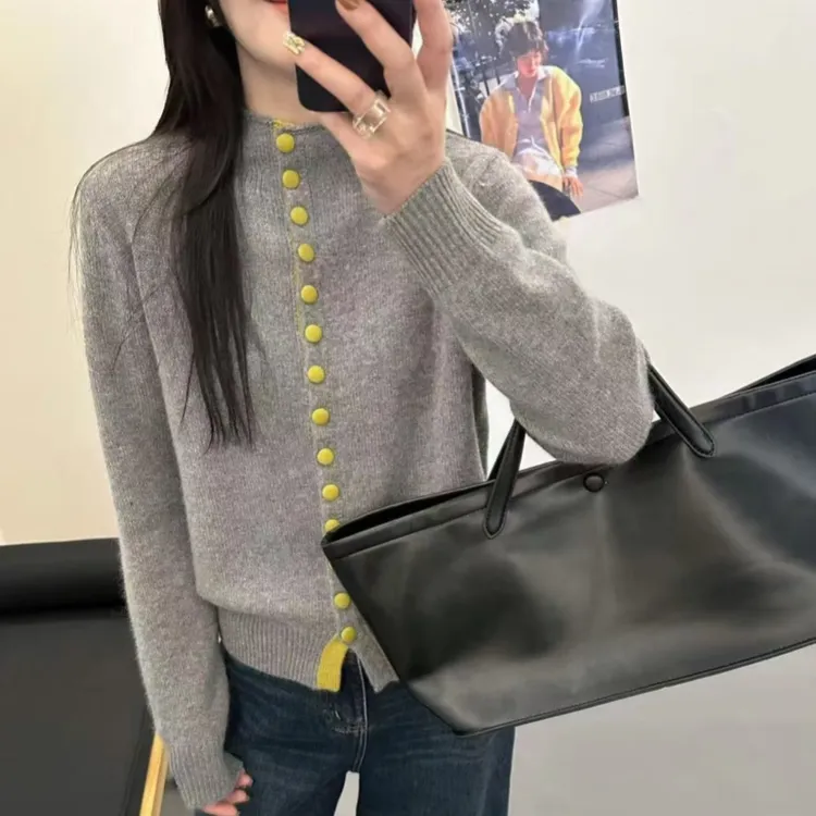 【羊毛蜜熊绒】秋冬季撞色立领单排扣女针织衫百搭显瘦内搭外穿毛衣