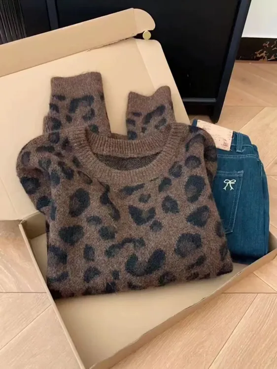 美拉德豹纹毛衣套装女秋冬慵懒风宽松高级针织衫上衣