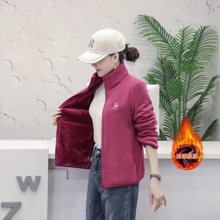 冬季加绒加厚奥粒绒外套保暖立领女士百搭妈妈装时尚洋气拉链上衣