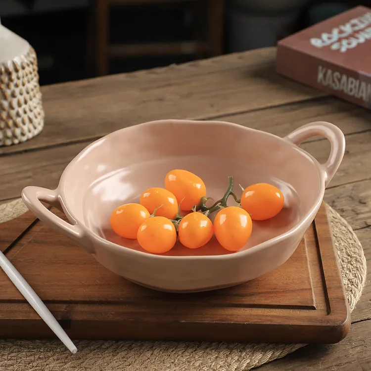 8英寸异形哑光粉双耳碗微瑕