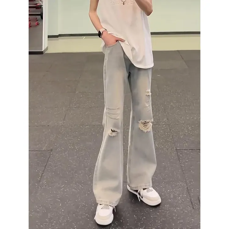 浅蓝色破洞牛仔裤男款夏季美式高街vibe裤子显腿长提档弯刀微喇裤