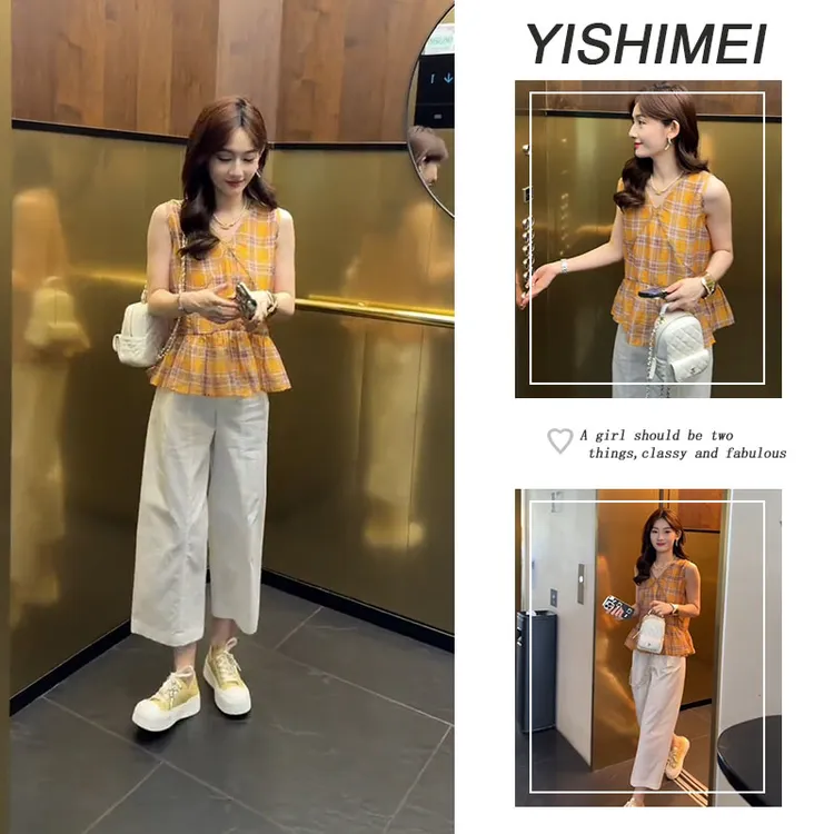 2025夏季女装温柔法式复古无袖格子上衣直筒休闲裤九分阔腿裤套装