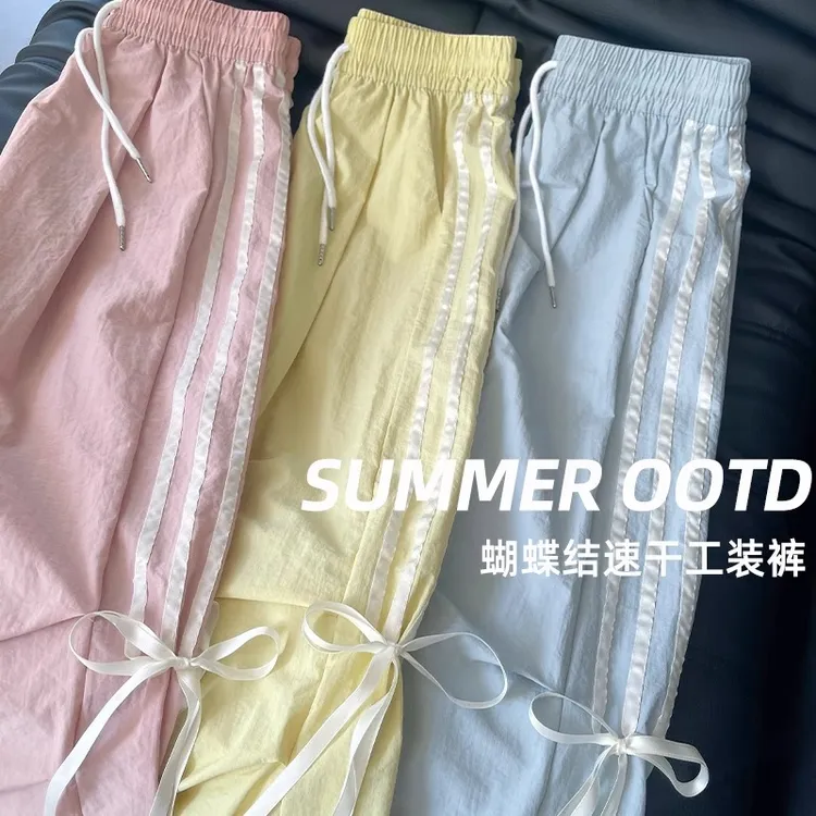 蓝色蝴蝶结运动裤女夏季2025新款高腰休闲直筒撞色冰丝伞兵工装裤