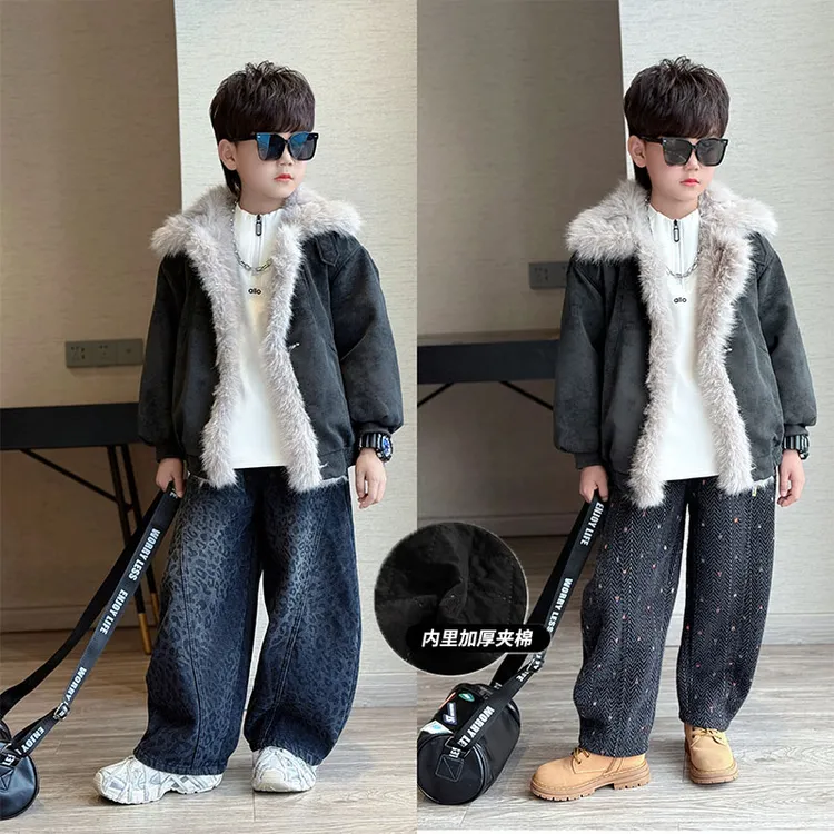 男童冬季韩版宽松个性翻领毛毛夹棉加厚外套中大童潮酷夹克外套