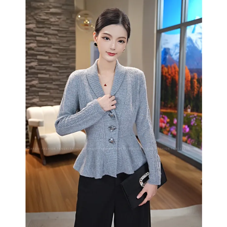 2025秋冬季爆款【8391】含绵羊毛法式小香风针织毛衣灰色开衫外套女