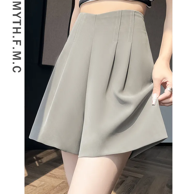 卡其色高腰显瘦百搭遮肉a字西装短裤子女夏季冰丝阔腿五分裤裙
