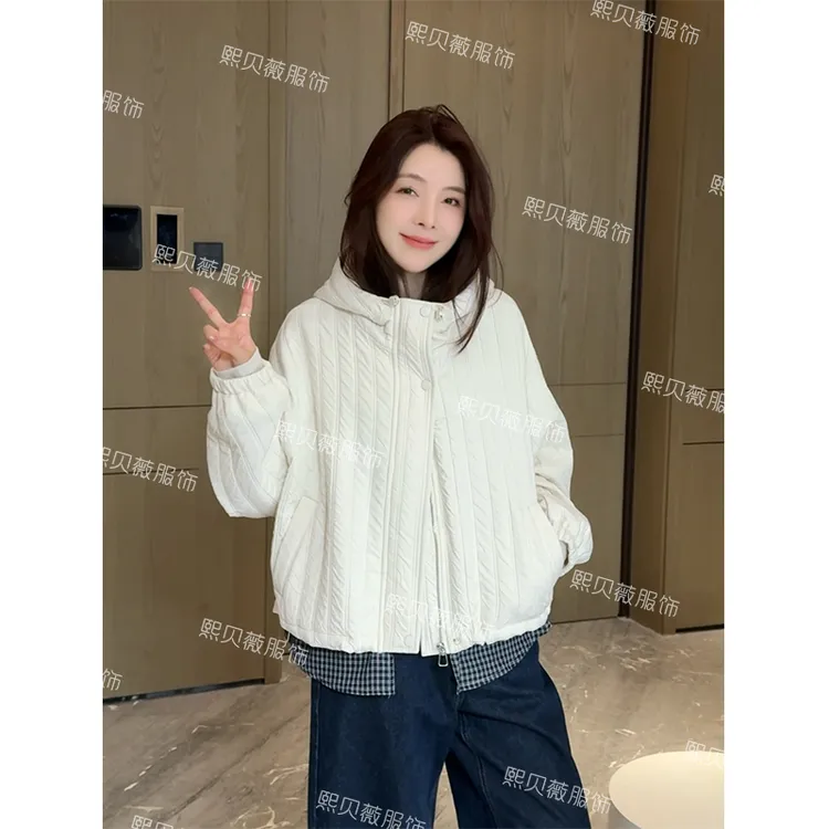 熙贝薇 欧货复古秋季假两件夹棉连帽帽衫新款格子抽绳外套 G5355