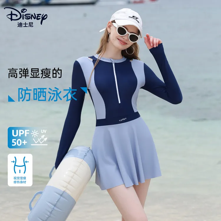 迪士尼女士泳衣2025新款修身显瘦长袖防晒连体裙游泳衣女海边度假