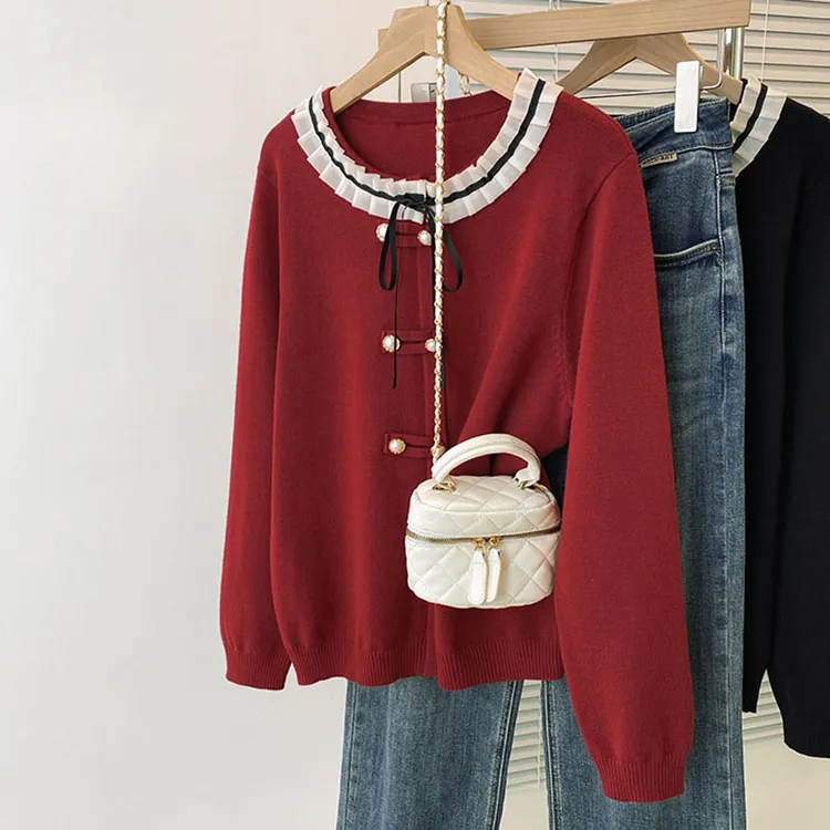 2024秋冬新款花边抽绳长袖针织衫上衣大码女装微胖秋冬内搭毛衣