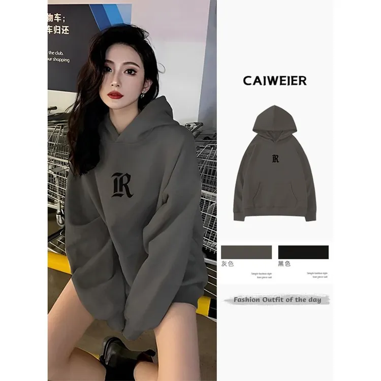 VOCKOO官方灰色连帽超大k风格懒惰风格独特别致运动衫夹克秋季女