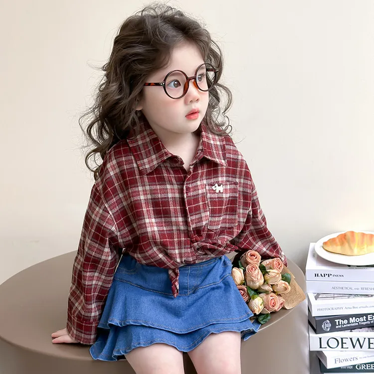 女童衬衫春秋款2025新款洋气儿童装春季红色格子衬衣宝宝长袖上衣