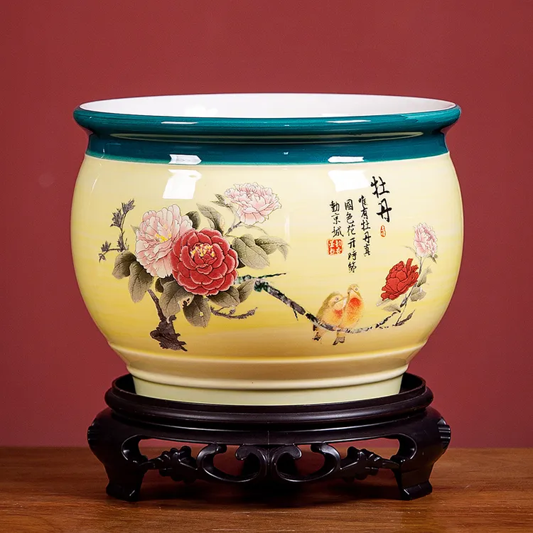 花盆陶瓷带底座古风淡黄盆景盆栽兰花专用吊兰室内透气盆清仓