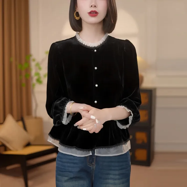 新中式国风黑色丝绒衬衫长袖女装2025春秋新款小衫高端假两件上衣