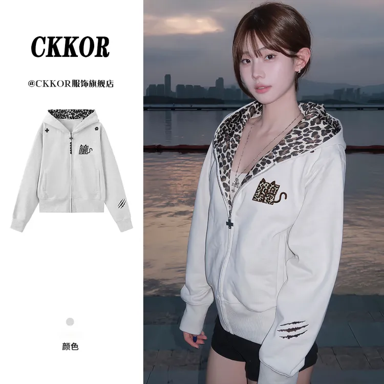 CKKOR美式潮牌设计款刺绣连帽卫衣女秋冬新款慵懒风情侣开衫外套 