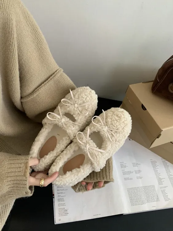 法式甜美显白圆头内增高毛毛鞋女2025外穿冬加绒保暖豆豆棉单鞋