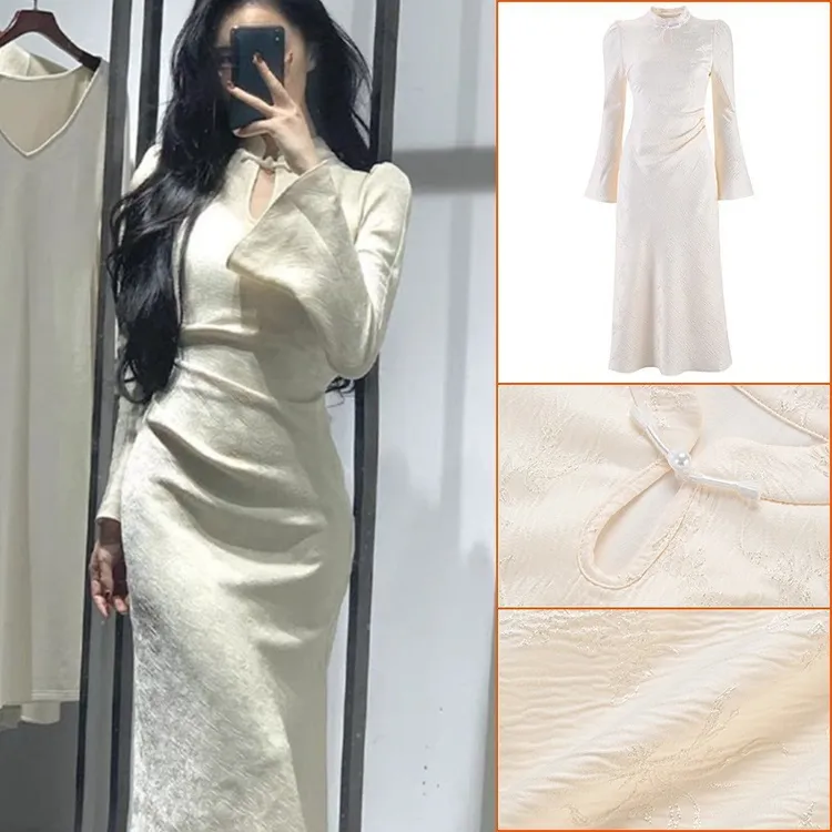 doumpp2025秋冬新款白色毛毛喇叭袖外套新中式高级鱼尾旗袍裙套装