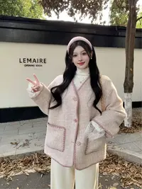 ZX482时尚洋气小香风毛呢外套女秋冬新款韩版宽松百搭V领羊毛外衣