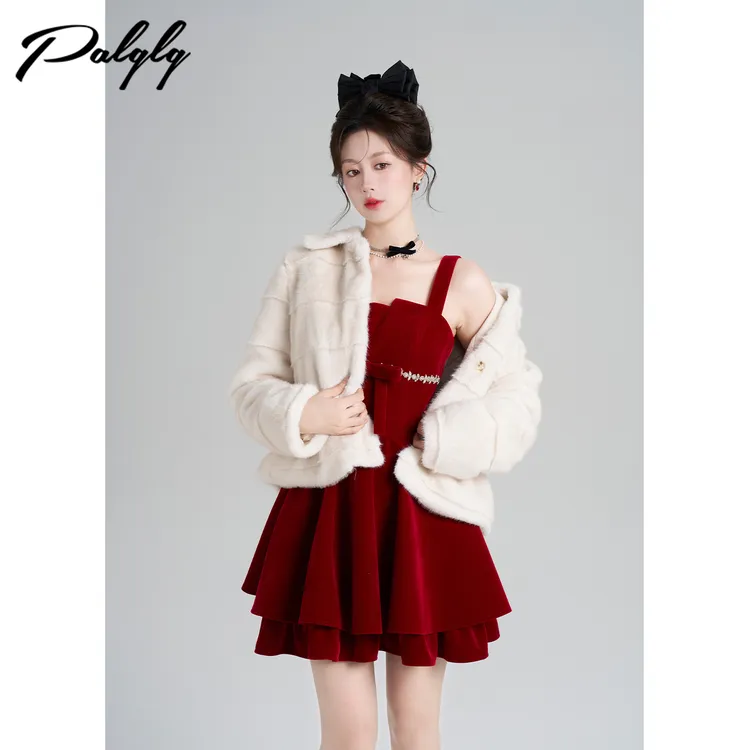 法式小香风红色丝绒吊带冬季圣诞蓬蓬蛋糕小礼裙54PDA44892