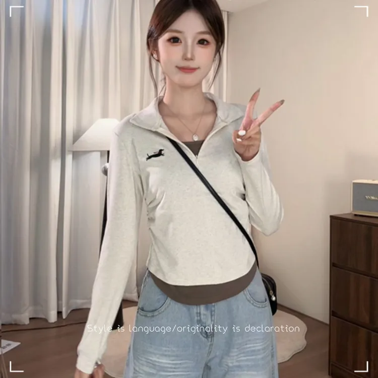 韩系腊肠狗刺绣撞色半拉链翻领假两件设计感收腰显瘦长袖T恤上衣