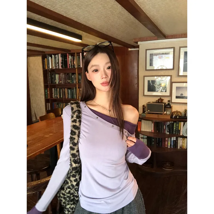 【樱花铃】秋冬ins韩系撞色斜肩显瘦修身T恤254K4737