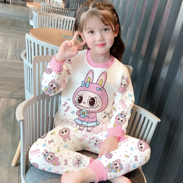 拉布布儿童保暖内衣套装睡衣女童秋衣秋裤宝宝三层夹棉加厚秋冬款