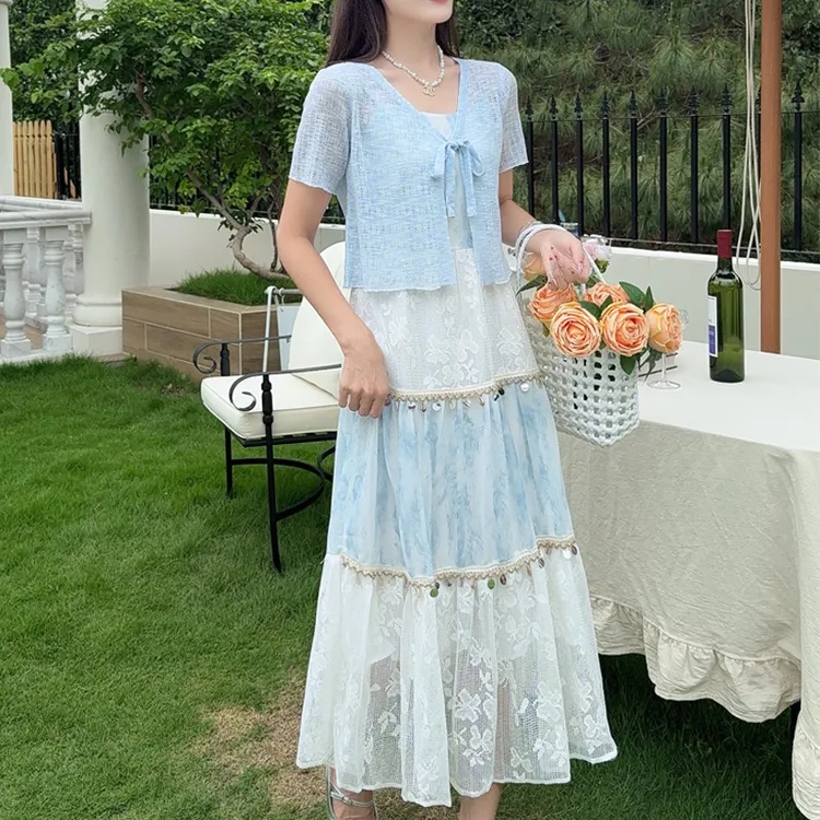 2025夏季新款时短袖镂空针织开衫吊带连衣裙两件套蛋糕裙网衫罩衫