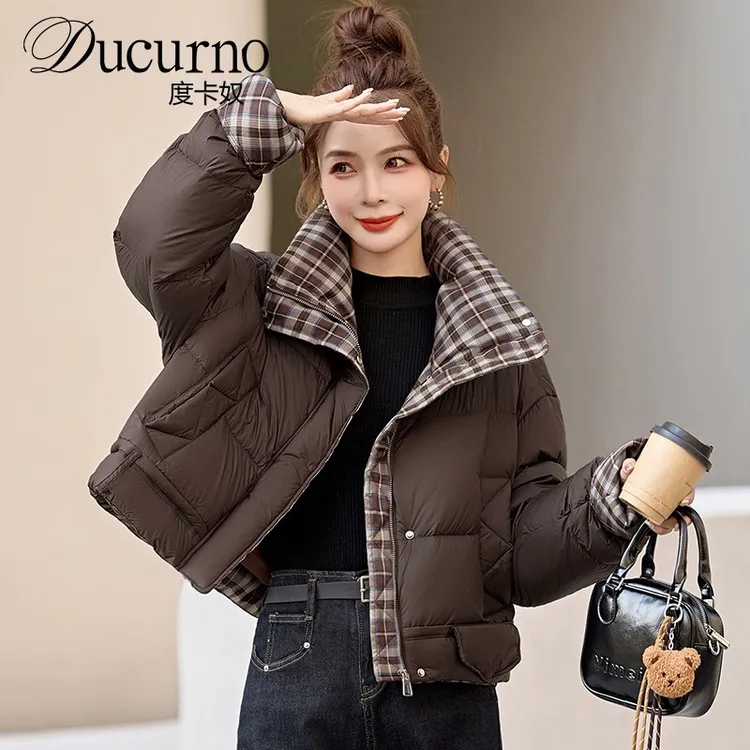 撞色立领韩系短款羽绒服加厚女90白鸭绒2025新款减龄冬季保暖外套