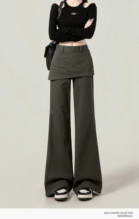 HUALINGZHI/花绫栀复古假两件设计感微喇工装裤爆款夏季宽松显瘦