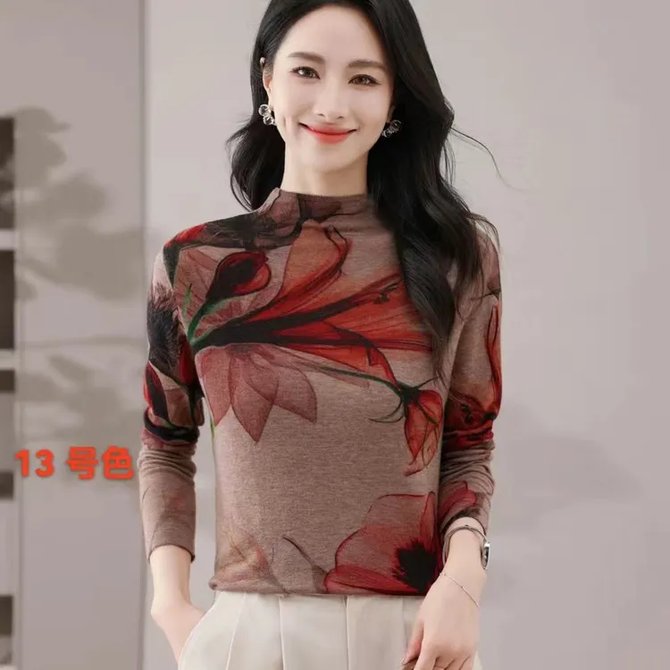 高品质绵羊毛T恤打底小衫女2025春秋半高领印花洋气针织内搭上衣