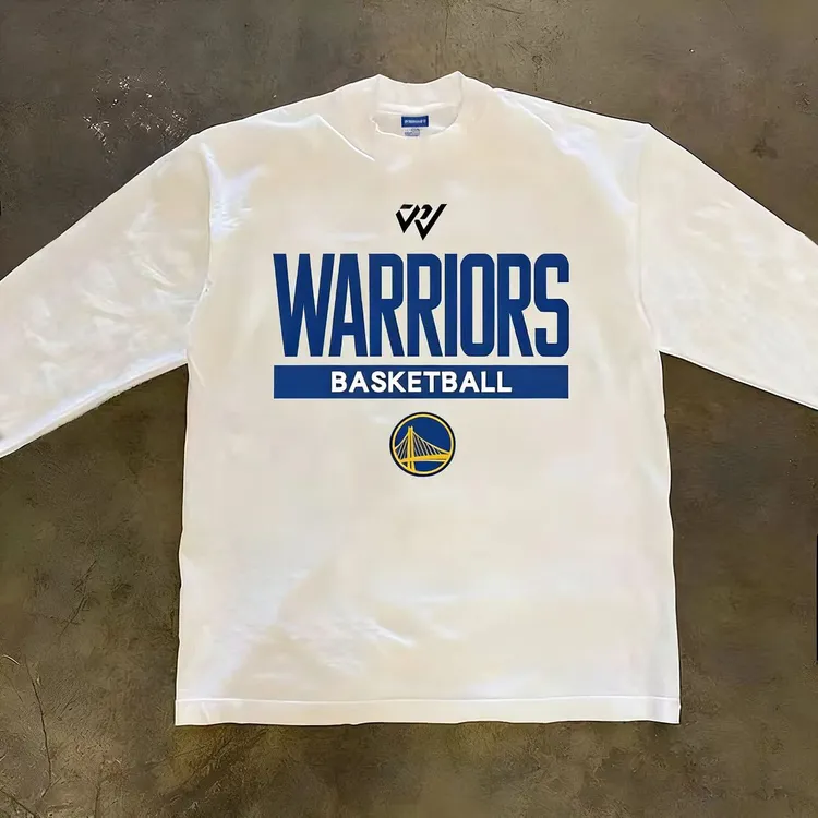 260G重磅纯棉篮球印花T恤美式嘻哈风螺口长袖男宽松休闲圆领上衣