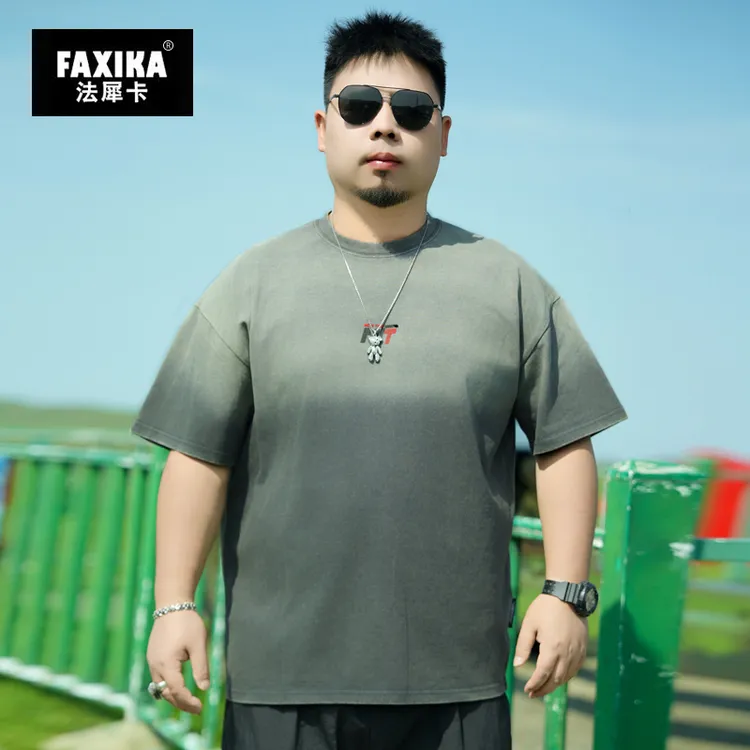 法犀卡大码男装夏季复古潮牌短袖T恤衫胖子加肥加大渐变圆领上衣