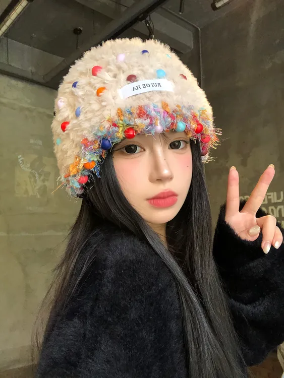 彩色珠子毛绒针织帽女秋冬季韩系显脸小毛线帽大头围保暖包头帽子