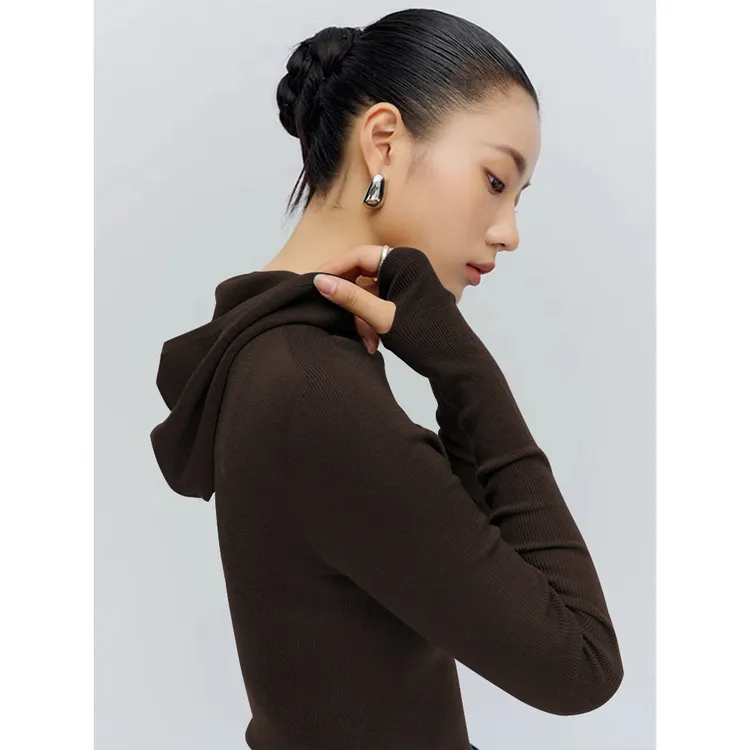 美拉德咖啡色复古连帽针织衫女秋季修身显瘦打底衫秋冬设计感上衣