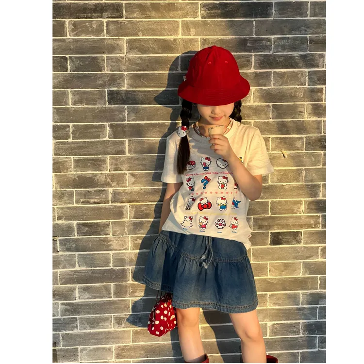 壹妈韩版童装女童夏季时髦套装洋气儿童kt猫短袖t恤上衣牛仔半裙