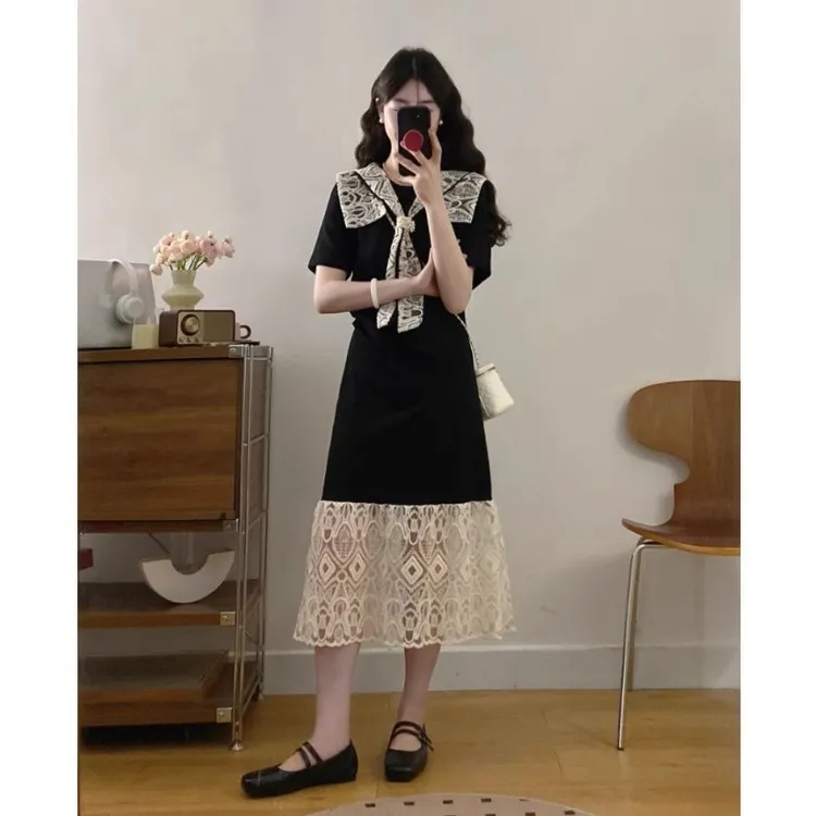 【米兰】海军领正肩连衣裙大码胖mm掐腰显瘦法式蕾丝下摆长裙D2447