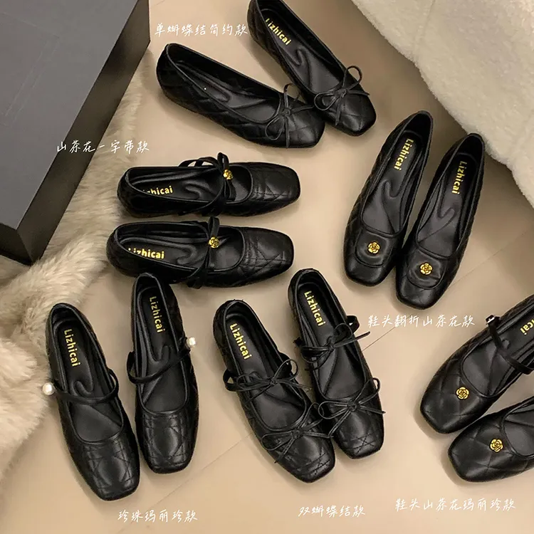 黑色内增高小香风玛丽珍鞋蝴蝶结新款山茶花小香风单鞋女