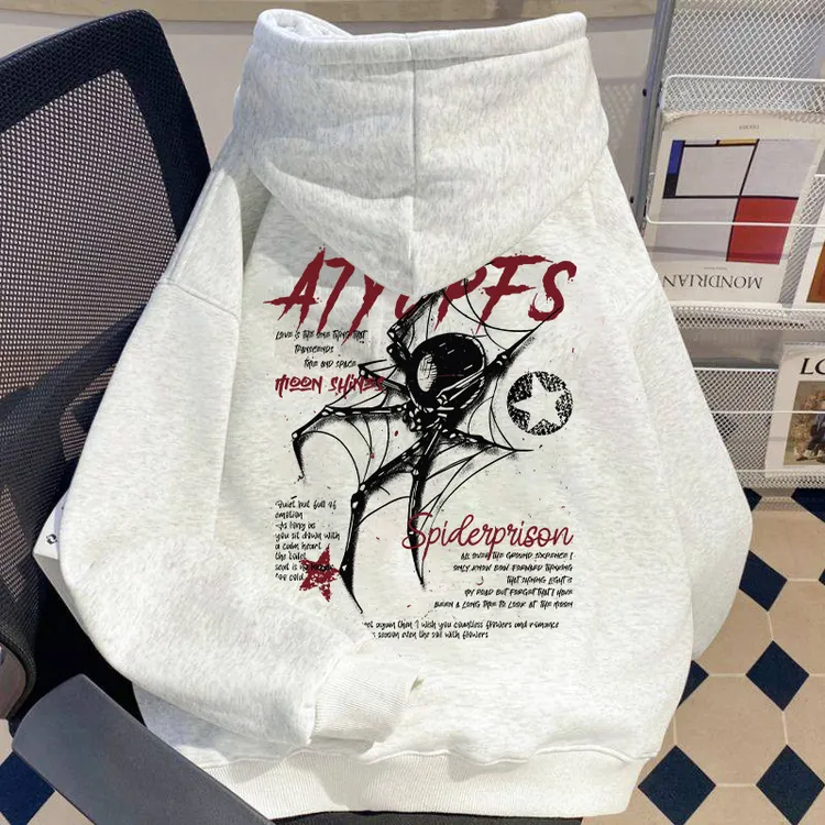 加绒加厚重磅连帽卫衣美式英文蜘蛛印花潮牌秋冬新款男装宽松外套