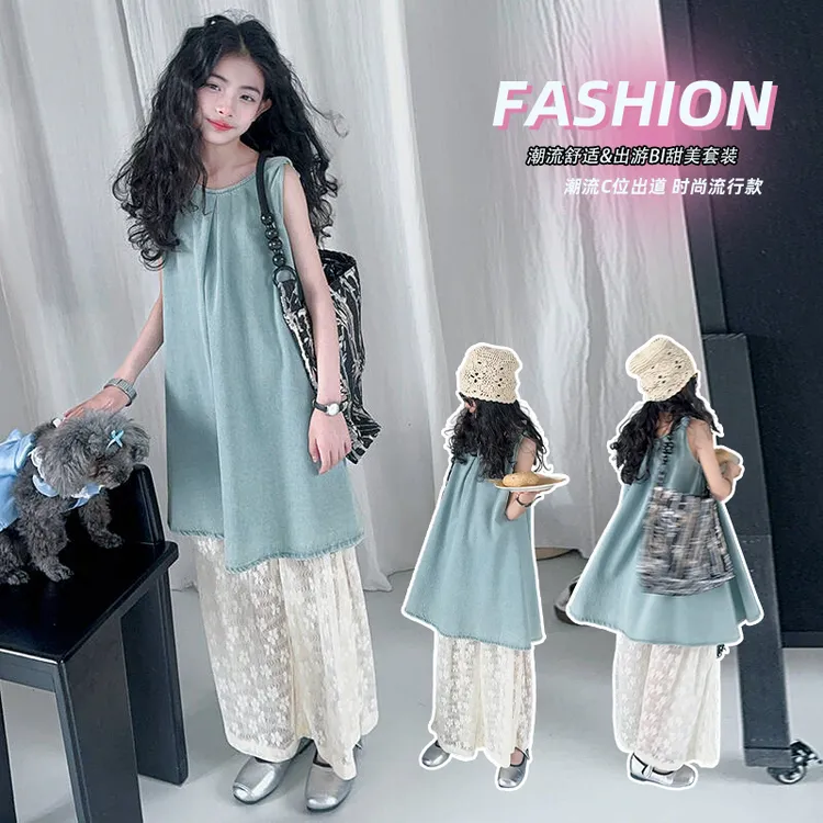 女童夏季套装小众设计感中大童牛仔洋气时髦女孩独特松弛感夏装潮