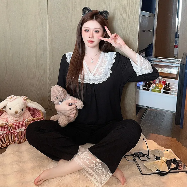 带胸垫睡衣女春夏新款莫代尔蕾丝袖长袖长裤性感宽松风家居服套装