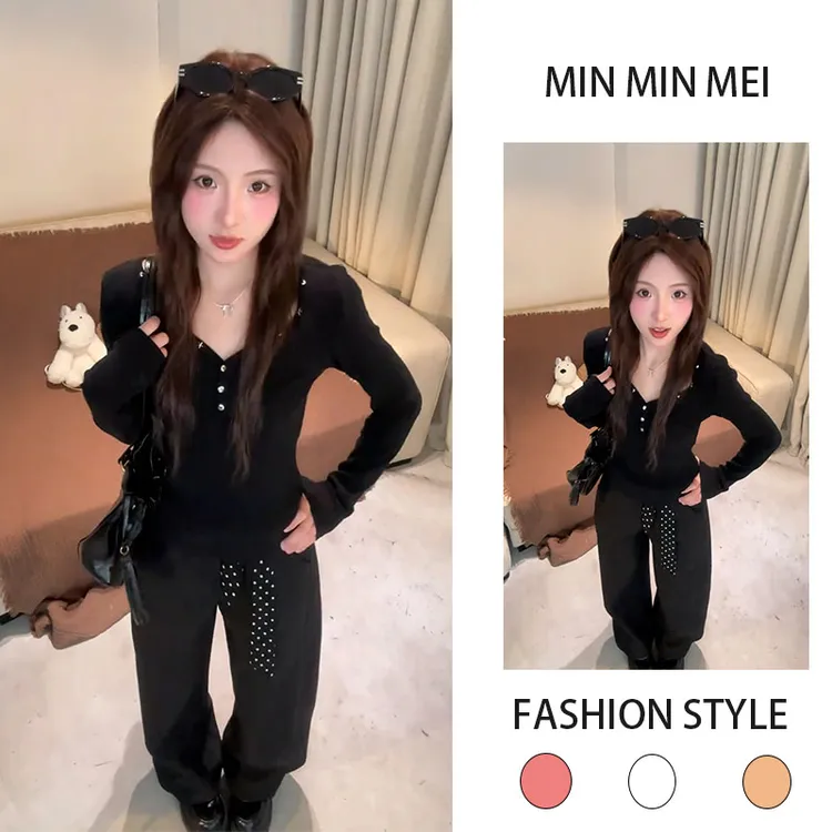 2026年早春季韩系百搭修身设计感V领长袖上衣搭配休闲阔腿裤套装