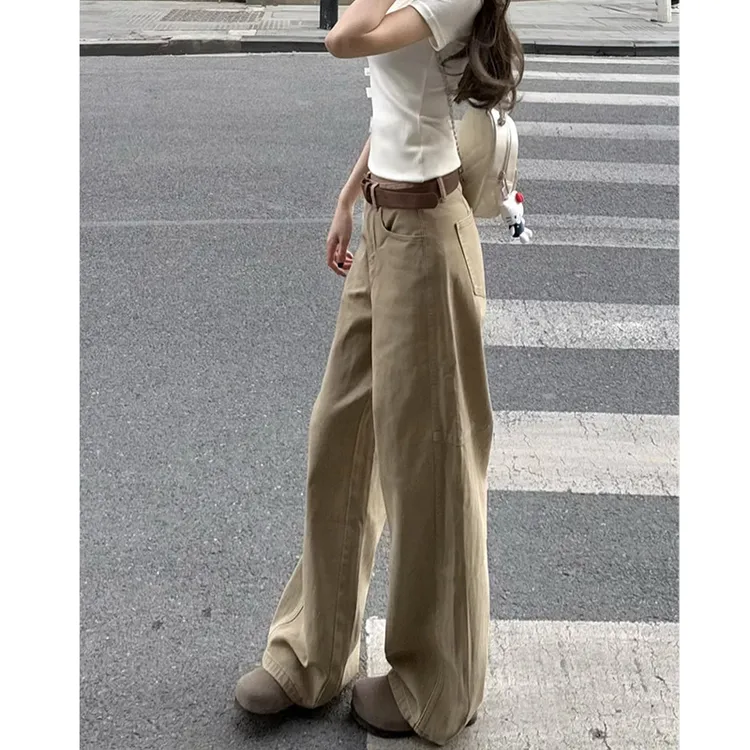 美式卡其色小个子阔腿牛仔裤女2025秋季高腰宽松显瘦直筒拖地长裤