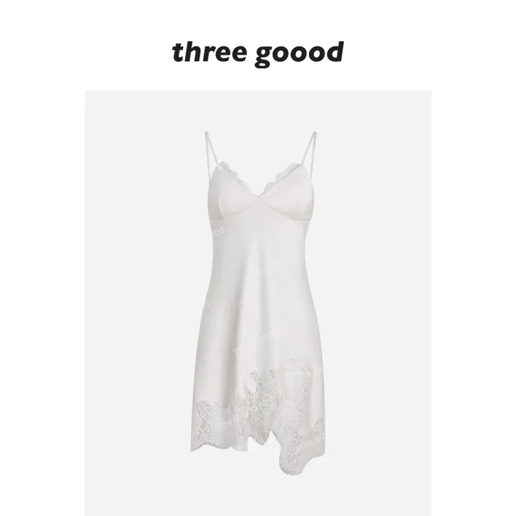 THREE GOOOD/三吉流光白茶不规则拼下摆蕾丝打底裙内搭Y725E14572