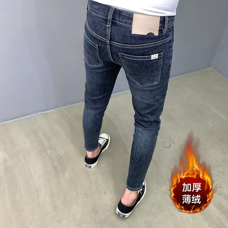 小脚牛仔裤男潮流秋冬季九分做旧蓝色百搭韩版修身加厚加绒长裤