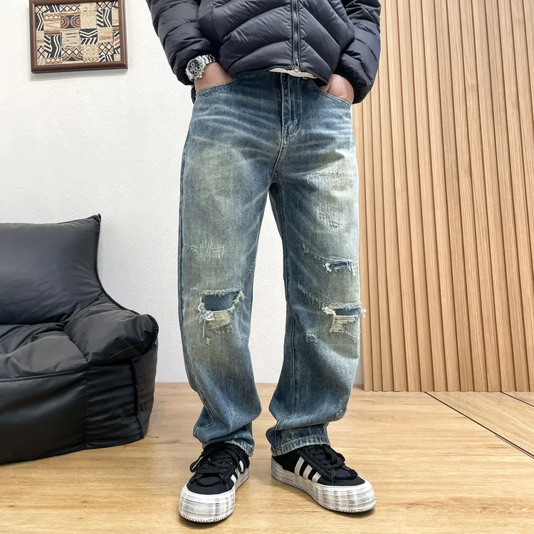 秋冬款美式高街潮牌水洗破洞补丁牛仔裤男宽松锥形做旧设计感长裤