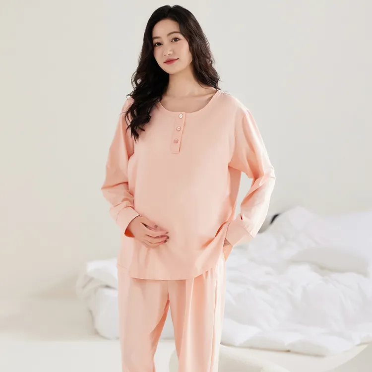 纯棉月子服带胸垫长袖孕妇睡衣春秋季产后怀孕期产妇家居服套装夏