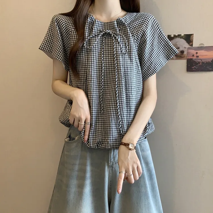 大码女装遮肚子设计感格子小众衬衫女夏季胖妹妹宽松显瘦正肩上衣