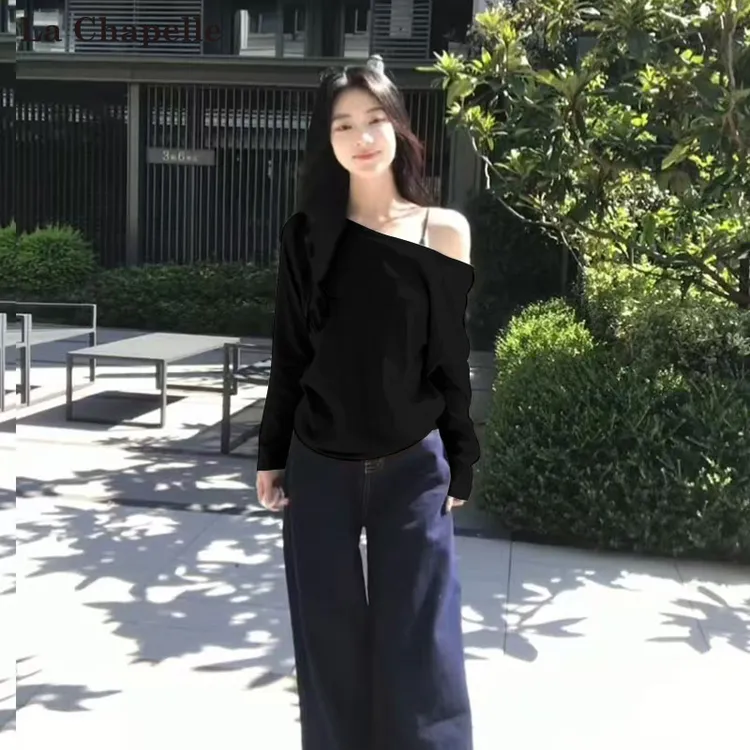 拉夏贝尔斜肩通勤显白慵懒风女装秋长袖t恤气质百搭黑色一字肩T恤