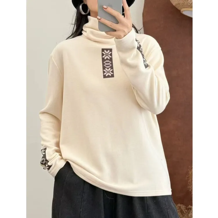 2025秋冬款印花休闲保暖高领双面绒打底衫女显瘦百搭洋气内搭上衣