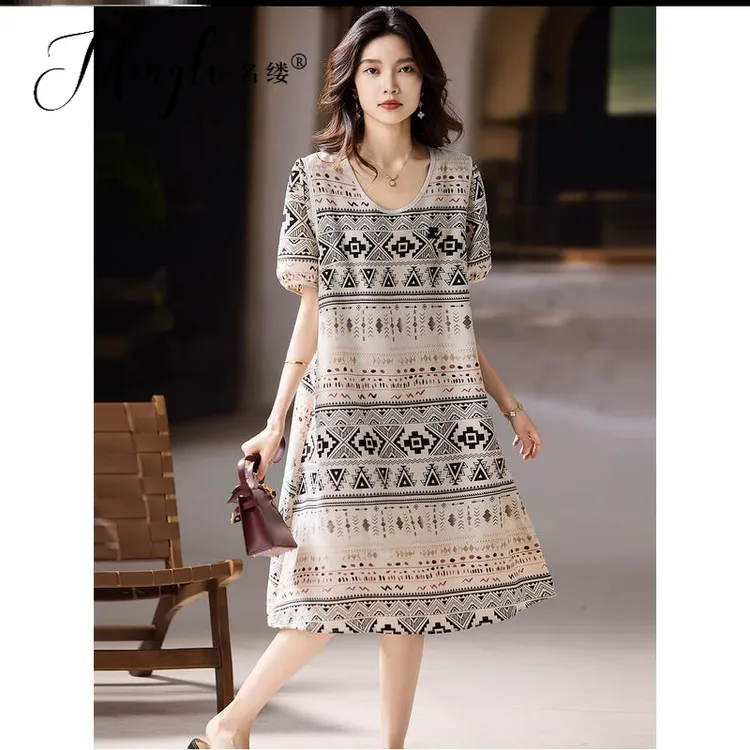 名缕女装气质印花高端连衣裙女夏季新款欧货大码裙子2025年宽松裙